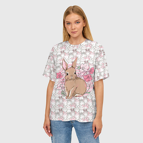 Женская футболка оверсайз Зайка в цветочках / 3D-принт – фото 3