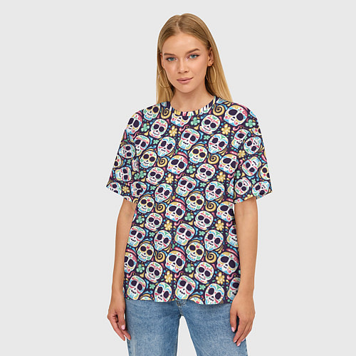 Женская футболка оверсайз Черепа с рисунками / 3D-принт – фото 3