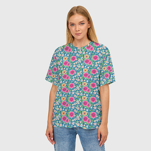 Женская футболка оверсайз Весенний цветочный паттерн / 3D-принт – фото 3