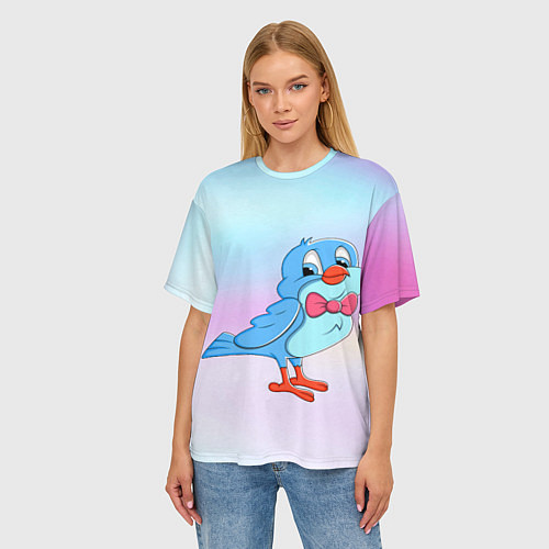 Женская футболка оверсайз Птица с бабочкой на радужном фоне / 3D-принт – фото 3