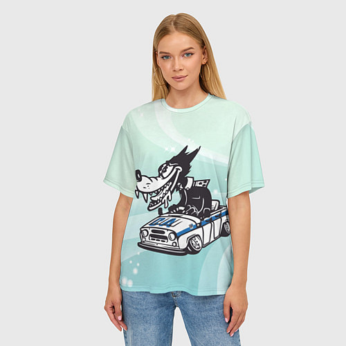 Женская футболка оверсайз Волк за рулем автомобиля / 3D-принт – фото 3