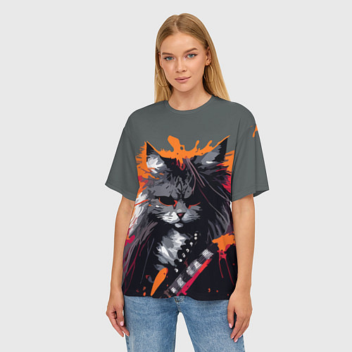 Женская футболка оверсайз Rocker Cat on a gray background - C-Cats collectio / 3D-принт – фото 3