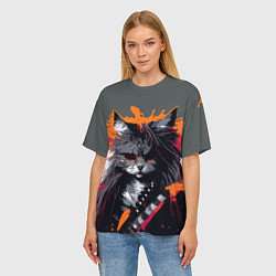 Футболка оверсайз женская Rocker Cat on a gray background - C-Cats collectio, цвет: 3D-принт — фото 2