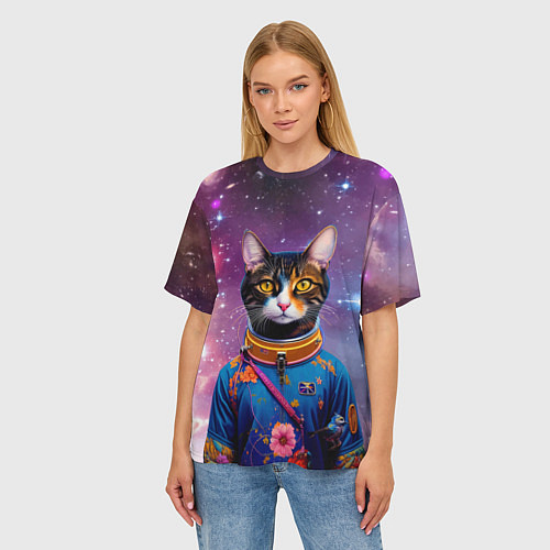 Женская футболка оверсайз Кот бравый космонавт / 3D-принт – фото 3