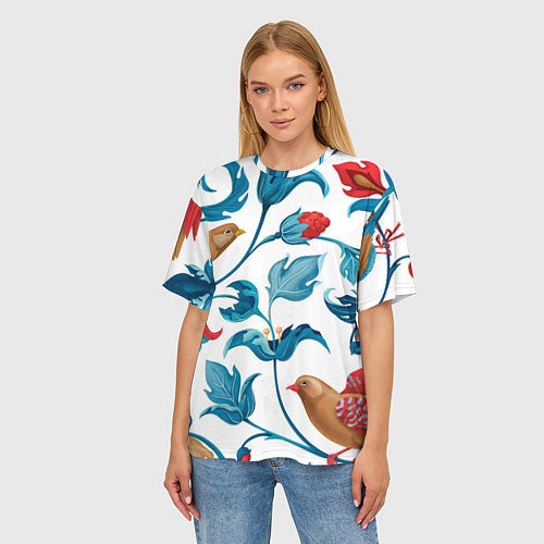 Женская футболка оверсайз Узоры и птицы / 3D-принт – фото 3