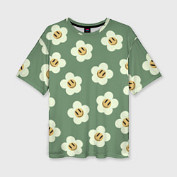 Женская футболка оверсайз Цветочки-смайлики: темно-зеленый паттерн