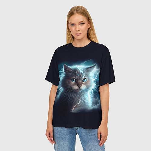 Женская футболка оверсайз Котик с молниями / 3D-принт – фото 3