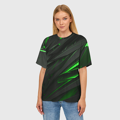Женская футболка оверсайз Черные объекты в зеленым свечением / 3D-принт – фото 3