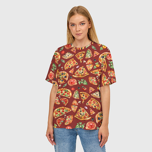 Женская футболка оверсайз Кусочки пиццы ассорти - акварельный паттерн / 3D-принт – фото 3