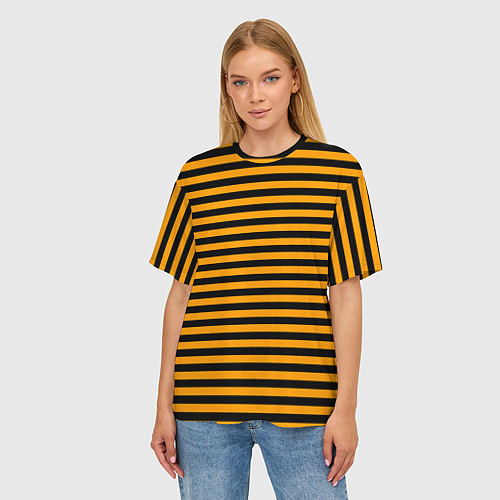 Женская футболка оверсайз Черно-оранжевые полосы - пчелиный образ / 3D-принт – фото 3