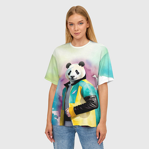 Женская футболка оверсайз Прикольный панда в модной куртке / 3D-принт – фото 3