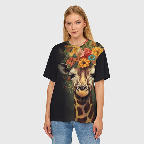 Женская футболка оверсайз Портрет жирафа с цветами: арт нейросети / 3D-принт – фото 3