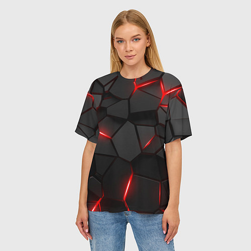 Женская футболка оверсайз Плиты с красной подсветкой / 3D-принт – фото 3