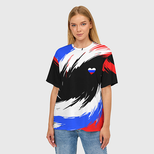 Женская футболка оверсайз Сердечко Россия - мазки кисти / 3D-принт – фото 3