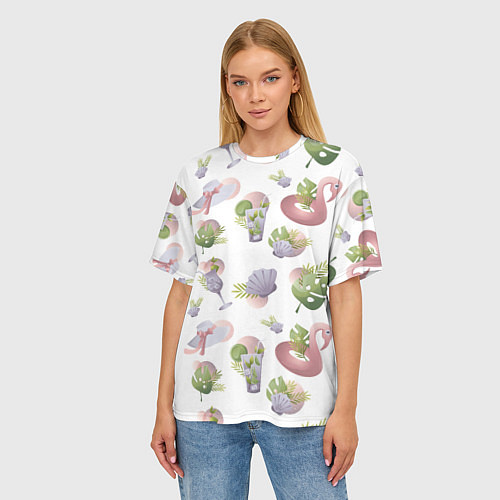 Женская футболка оверсайз Пляжный паттерн с коктейлями и фламинго / 3D-принт – фото 3
