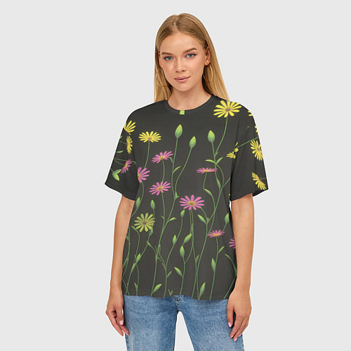 Женская футболка оверсайз Полевые цветочки на темном фоне / 3D-принт – фото 3
