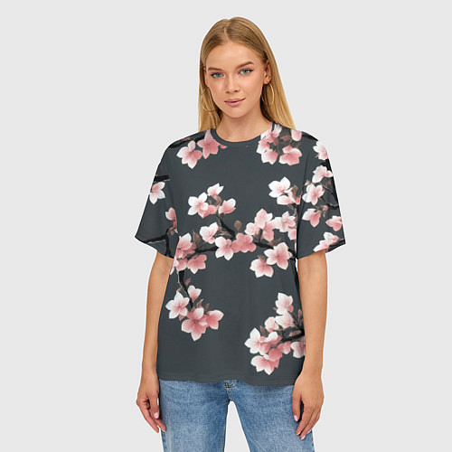 Женская футболка оверсайз Цветущее дерево на темном фоне / 3D-принт – фото 3