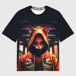 Футболка оверсайз женская Кицунэ на фоне храма - пагоды, цвет: 3D-принт