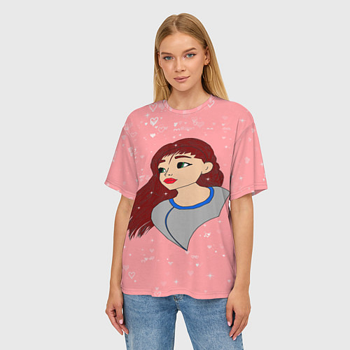 Женская футболка оверсайз Рисунок с сердечками и девочкай / 3D-принт – фото 3
