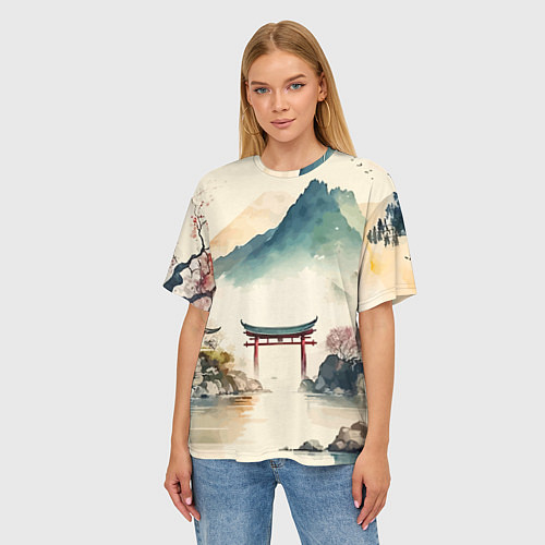 Женская футболка оверсайз Японский пейзаж - акварель / 3D-принт – фото 3