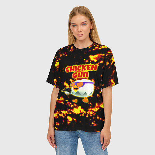 Женская футболка оверсайз Chicken Gun на фоне огня / 3D-принт – фото 3