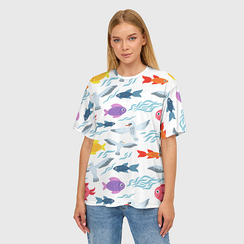 Женская футболка оверсайз Рыбы и чайки / 3D-принт – фото 3