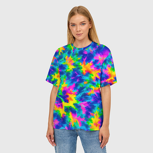 Женская футболка оверсайз Тай-дай цветные краски / 3D-принт – фото 3