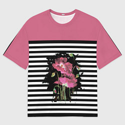 Футболка оверсайз женская Розовые акварельные маки на полосатом фоне, цвет: 3D-принт