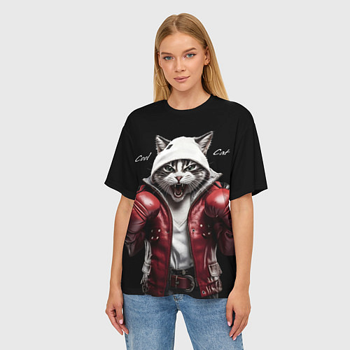 Женская футболка оверсайз Cool fighting cat / 3D-принт – фото 3
