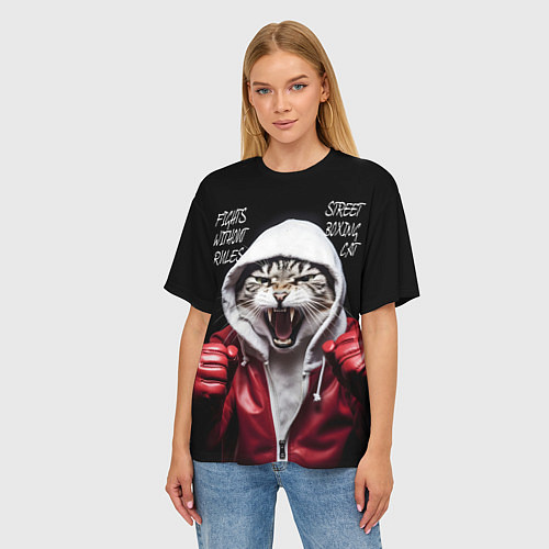 Женская футболка оверсайз Street boxing cat / 3D-принт – фото 3