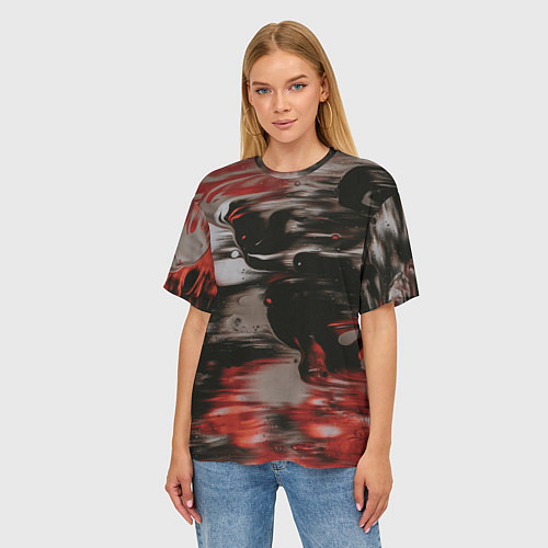 Женская футболка оверсайз Чёрные и красные волны / 3D-принт – фото 3