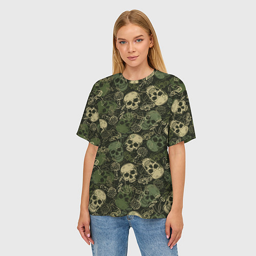 Женская футболка оверсайз Камуфляж с черепами и грибами / 3D-принт – фото 3