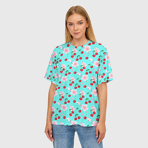 Женская футболка оверсайз Паттерн цветущая вишня / 3D-принт – фото 3