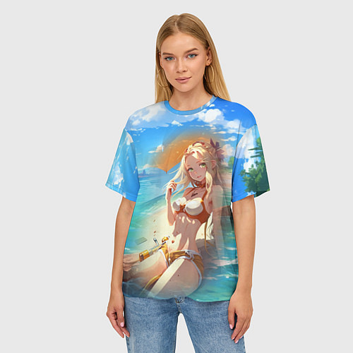 Женская футболка оверсайз Девушка загарает на пляже / 3D-принт – фото 3