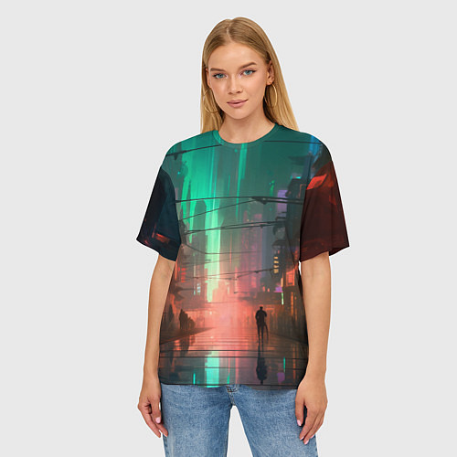 Женская футболка оверсайз Кибер город будущего / 3D-принт – фото 3