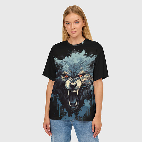 Женская футболка оверсайз Blue black wolf / 3D-принт – фото 3