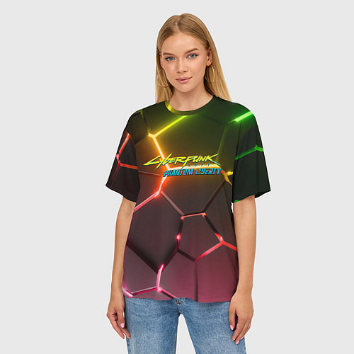 Женская футболка оверсайз Cyberpunk 2077 phantom liberty logo neon / 3D-принт – фото 3