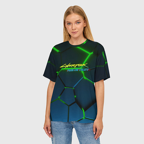 Женская футболка оверсайз Cyberpunk 2077 phantom liberty green neon / 3D-принт – фото 3