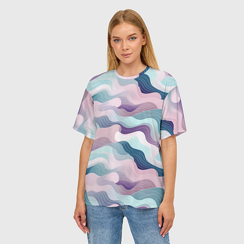 Женская футболка оверсайз Абстрактные волны разноцветные / 3D-принт – фото 3