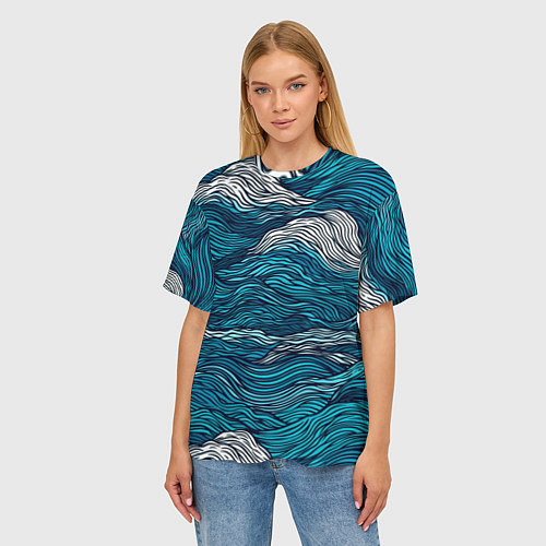 Женская футболка оверсайз Синие волны абстракт / 3D-принт – фото 3