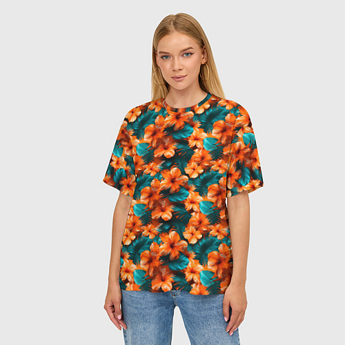 Женская футболка оверсайз Оранжевые цветы гавайские / 3D-принт – фото 3