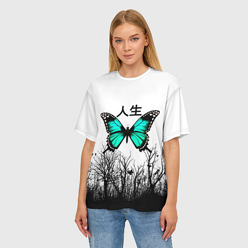 Женская футболка оверсайз С бабочкой на фоне японского иероглифа / 3D-принт – фото 3