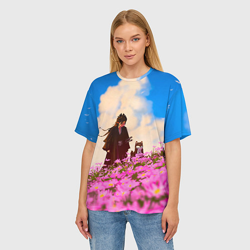 Женская футболка оверсайз Девушка самурай и сиба ину / 3D-принт – фото 3