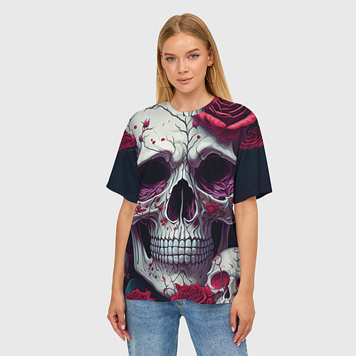 Женская футболка оверсайз Скелет и розы / 3D-принт – фото 3
