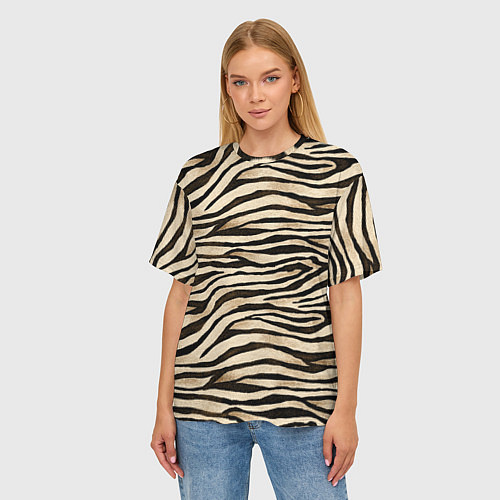Женская футболка оверсайз Шкура зебры и белого тигра / 3D-принт – фото 3