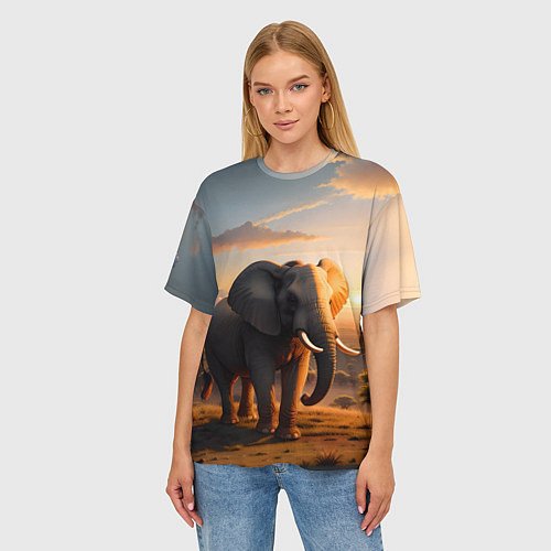 Женская футболка оверсайз Африканский слон в саванне / 3D-принт – фото 3