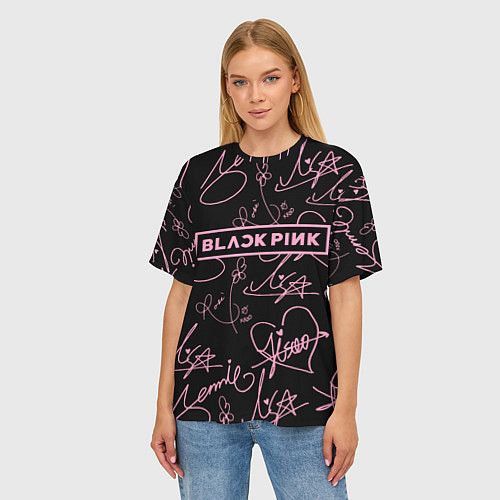 Женская футболка оверсайз Блэкпинк - розовые автографы / 3D-принт – фото 3