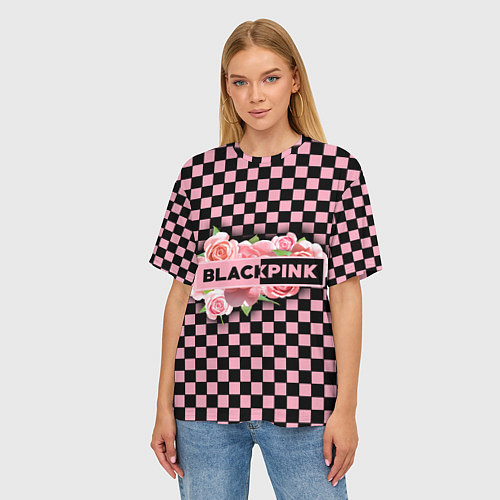 Женская футболка оверсайз Blackpink logo roses / 3D-принт – фото 3