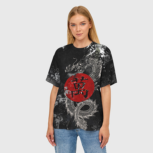 Женская футболка оверсайз Dragon - black grunge / 3D-принт – фото 3