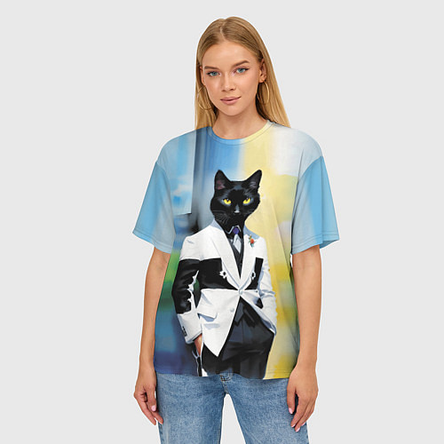 Женская футболка оверсайз Cat fashionista - neural network - pop art / 3D-принт – фото 3